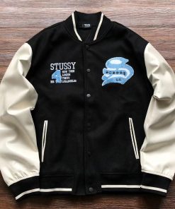 Vintage Stussy Big 4 Leather Wool Black Jacket