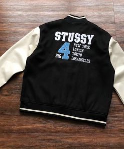 Vintage Stussy Big 4 Leather Wool Black Jacket