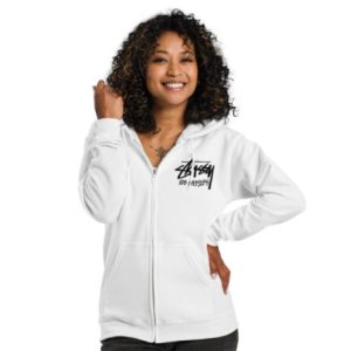 Unisex Stussy Los Angeles Zip Up White Hoodie